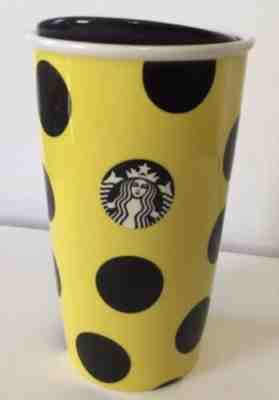 2015 Starbucks 12 oz Tumbler Ceramic Traveler Yellow Black Polka Dot Coffee Mug - Sold on eBay Oct, 11th 2018 for $17.59