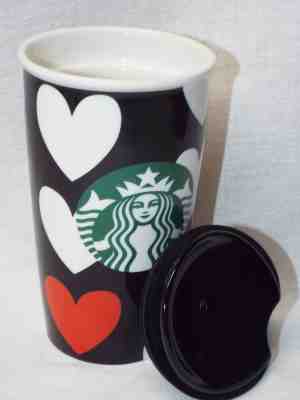 Starbucks Travel Mug Tumbler Cup 2015 White Red Hearts Black Ceramic Valentine's - Sold on eBay Oct, 8th 2018 for $18.99