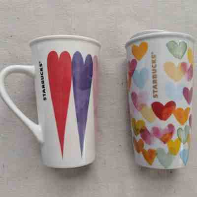 Lot 2 STARBUCKS Heart Tumbler Mug DOT 2015 CERAMIC WATERCOLOR 10oz TRAVEL 16oz - Sold on eBay Oct, 6th 2018 for $39.99