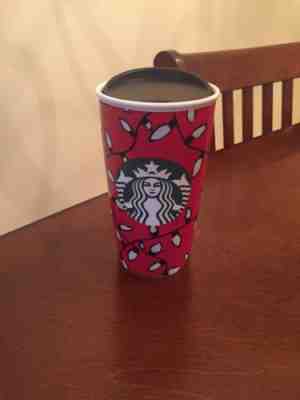 Starbucks**RED CERAMIC 2016 CHRISTMAS LIGHTS**Travel Mug/Tumbler~ - Sold on eBay Nov, 10th 2018 for $13.99