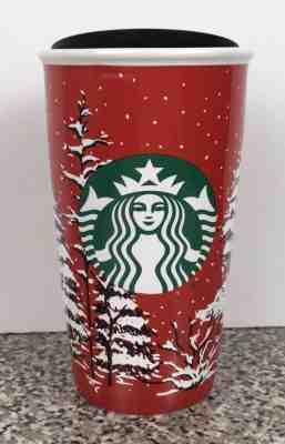 Starbucks 2016 Holiday Red Ceramic Coffee Tumbler Christmas Snowy Trees 12 oz  - Sold on eBay Nov, 10th 2018 for $31.95