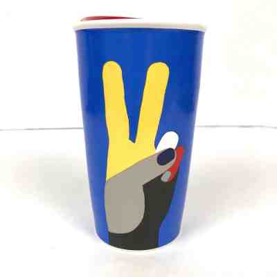 Starbucks Blue Multi Peace Sign Hand Ceramic Tumbler Travel Holiday 2017 Limited - Sold on eBay Nov, 5th 2018 for $20.00