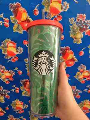 New Starbucks 2017 Metallic Green and Coral Tumbler - 24 OZ Palm Leaves and Lace - Sold on eBay Oct, 30th 2018 for $15.00