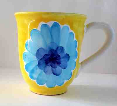 STARBUCKS 2002 BARISTA 4 1/2" COFFEE MUG YELLOW / BLUE FLORAL  - Sold on eBay Sep, 25th 2018 for $14.90