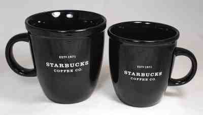 2 Starbucks Coffee 2002 Barista Abbey Black 16 & 12 oz Mug Large & Small Tea Cup - Sold on eBay Sep, 22nd 2018 for $37.95