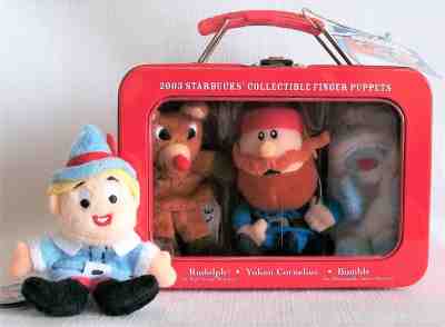 2003 Starbucks Finger Puppets Rudolph, Yukon Cornelius, Bumble in Lunchbox + Elf - Sold on eBay Oct, 21st 2018 for $23.50