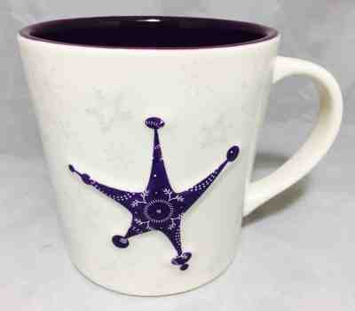 Starbucks Christmas  2006 17 Oz cram Mug silver snow flax & 3D purple star - Sold on eBay Nov, 5th 2018 for $9.45