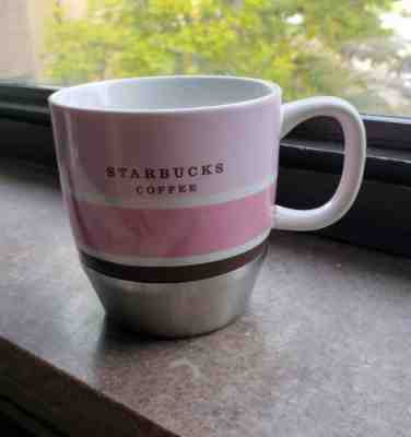Starbucks 2007 Pink /White Stripes & Stainless 10oz Urban Desk Coffee/Tea Mug - Sold on eBay Nov, 5th 2018 for $3.00