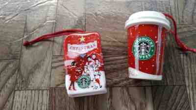 Starbucks Christmas Ornaments:  Bag of Coffee and Coffee Cup - both 2007 - Sold on eBay Nov, 3rd 2018 for $12.99