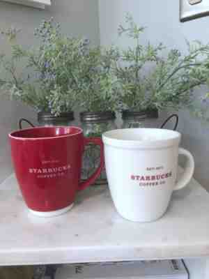 Set Of 2 Starbucks Coffee Cups Mugs Red and White 2007 Holiday Christmas - Sold on eBay Nov, 3rd 2018 for $2.25