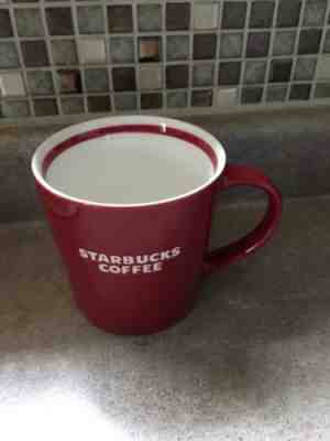 Starbucks 2010 Large Red Coffee Cup Mug w Embossed White Logo, Red Inside Stripe - Sold on eBay Nov, 6th 2018 for $10.50