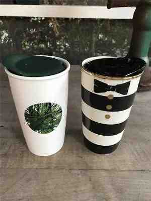 2 STARBUCKS Travel COFFEE Mugs & Lids 2014 GREEN Dot - 2013 ALICE OLIVIA Black - Sold on eBay Nov, 3rd 2018 for $18.99