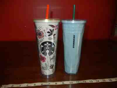 Starbucks 2014 Plastic Venti 24 Oz Cold Cup Lot of 2 cups Flower & Green Design - Sold on eBay Nov, 14th 2018 for $17.00
