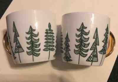 STARBUCKS Coffee Two(2) Christmas trees and gold mug/cup holiday 2015 set 14 Oz - Sold on eBay Nov, 11th 2018 for $6.00
