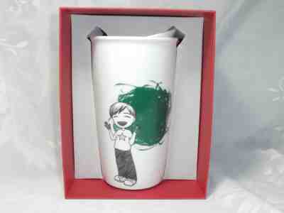 STARBUCKS 12oz CERAMIC TRAVEL MUG BOY GREEN DOT FINGER PAINT 2015 NEW IN BOX - Sold on eBay Nov, 10th 2018 for $19.95