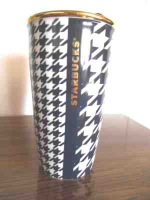 STARBUCKS 2015 ALL CERAMIC COFFEE TRAVEL CUP--BLACK & WHITE WITH GOLD TRIM - Sold on eBay Nov, 9th 2018 for $12.99