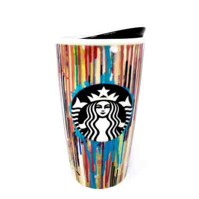Starbucks 2015 Paint Drip Ceramic Travel Mug 12 oz Ceramic Lid Multi Color Rare - Sold on eBay Nov, 8th 2018 for $29.98