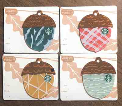 Starbucks Gift Card 2018 SET 4 LOT Acorn Die Cut Fall Autumn Holiday No $ Value - Sold on eBay Nov, 18th 2018 for $11.99