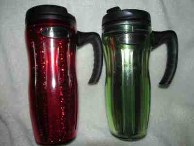 2 Starbucks 2002 Barista GREEN, 2004 RED Plastic Travel Tall Coffee MUG Handle  - Sold on eBay Sep, 9th 2018 for $25.00