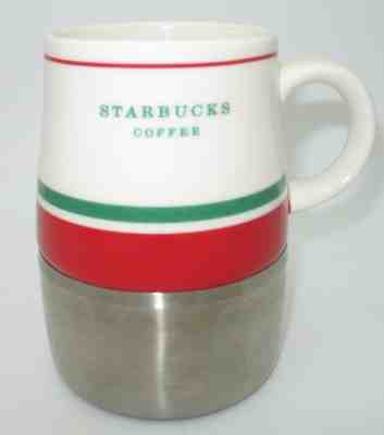 Starbucks 2006 White Green Red Holiday Xmas Stainless Steel Coffee Tea Mug Cup - Sold on eBay Oct, 27th 2018 for $26.95