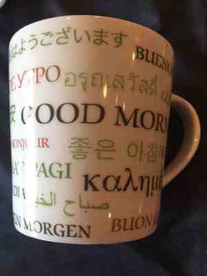 Set of 2 STARBUCKS WHITE CERAMIC COFFEE MUG 2006 GOOD MORNING MULTI LINGUAL - Sold on eBay Oct, 25th 2018 for $21.95