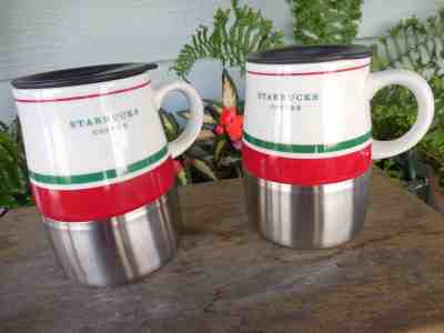 2 Vintage 2006 Starbucks Stainless Bottom Travel Coffee Mugs w Lids Red & Green - Sold on eBay Oct, 24th 2018 for $49.95