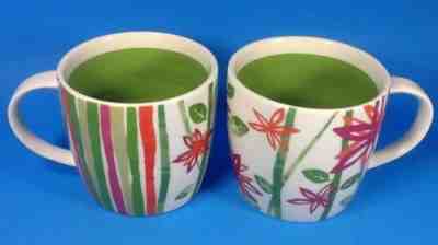 2 Starbucks 2007 Coffee Cups Bamboo Floral Stripe Pink Green White Mugs Ceramic - Sold on eBay Nov, 8th 2018 for $14.99