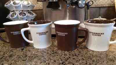Four brown and white Starbucks 2008 2009 16 oz Mugs PLUS French Press  - Sold on eBay Oct, 25th 2018 for $25.00