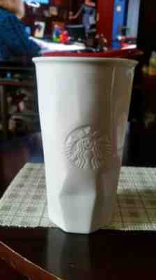 Starbucks Ceramic Travel Coffee Mug- White Geometric Texture with Red Lid 2013 - Sold on eBay Oct, 30th 2018 for $7.99