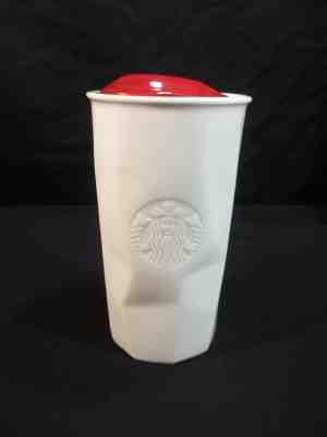 Starbucks Ceramic Travel Mug White Embossed Mermaid Red Lid 10 Oz 2013 - Sold on eBay Oct, 28th 2018 for $10.00