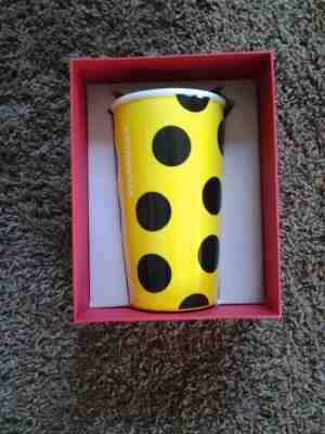 Starbucks 2015 Polka Dot Yellow Black 12 Oz Ceramic Travel Tumbler Mug Cup  - Sold on eBay Nov, 18th 2018 for $19.75