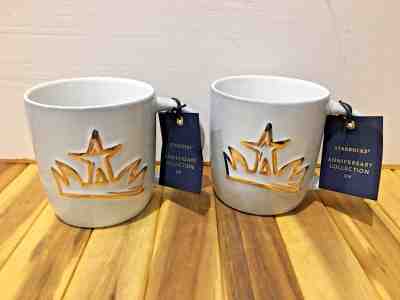 Starbucks Anniversary Coffee Mug 2016 SET OF 2 White Gold Crown Star 14oz NEW - Sold on eBay Nov, 6th 2018 for $19.95