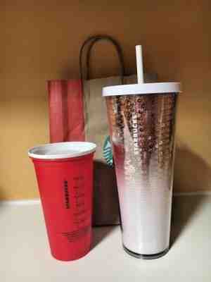 Starbucks 2018 Holiday Rose Gold Sequin Cold Cup 24 Oz & FREE ReUseable Promo   - Sold on eBay Nov, 17th 2018 for $36.99
