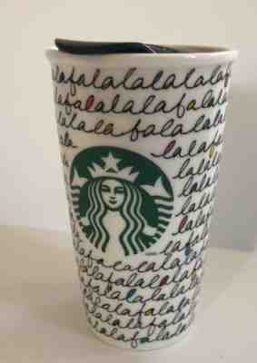 Starbucks Fa La La Holiday 2011 Travel Tumbler Ceramic Mug 12 oz with lid - Sold on eBay Aug, 28th 2018 for $15.99