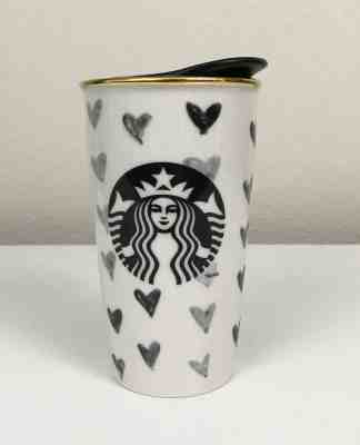 2014 Starbucks Black Hearts Ceramic Go Cup Tumbler DOT collection Gold Rim mug - Sold on eBay Oct, 16th 2018 for $30.00