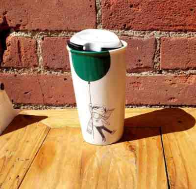 Starbucks 2014 Boy & Green Balloon White Tumbler Travel Mug Container w/Lid 12oz - Sold on eBay Oct, 14th 2018 for $16.50