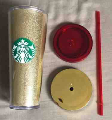 STARBUCKS COFFEE RARE 2014 LE GOLD GLITTER 24 OZ CUP TUMBLER + EXTRA LID - Sold on eBay Oct, 9th 2018 for $19.99