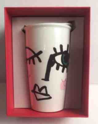 Starbucks 2014 Ceramic Travel Mug Tumbler w/ Lid Abstract Winking Green Eye 12oz - Sold on eBay Oct, 5th 2018 for $23.79