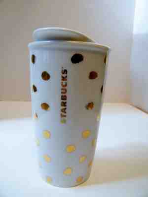 STARBUCKS 2014 GOLD DOT TALL COFFEE TRAVELER TUMBLER WITH LID - Sold on eBay Oct, 1st 2018 for $13.99