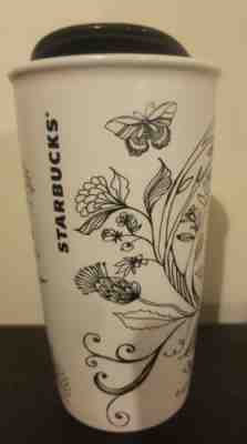 2014 Starbucks ceramic tumbler travel mug with lid black and white floral g1 - Sold on eBay Sep, 27th 2018 for $9.99