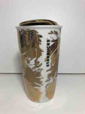Starbucks 2014 Ceramic Gold Green Dot Scarab Beetle Travel Cup Tumbler 12 oz - Sold on eBay Sep, 24th 2018 for $12.00