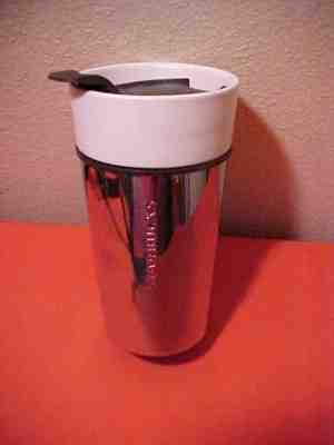 Starbucks 2014 Silver Stainless Steel White Ceramic Tumbler Mug Travel 12oz Lid - Sold on eBay Sep, 20th 2018 for $19.99