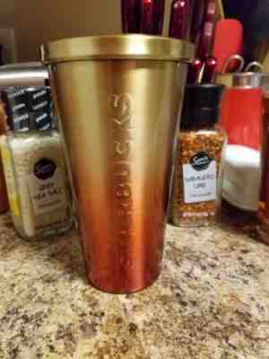 Starbucks 2014 Stainless Steel Red Gold Tumbler Cup With Lid and Straw 16 OZ - Sold on eBay Sep, 17th 2018 for $17.00