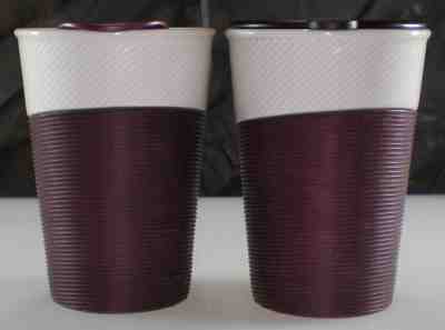 Pair (2) 2014 STARBUCKS Purple Ceramic 8oz Travel Tumbler Silicone Grip - Sold on eBay Sep, 15th 2018 for $30.00
