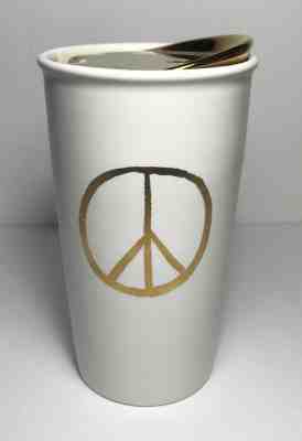 Starbucks 2015 Gold Peace Sign Ceramic Travel Tumbler Mug 12 fl oz - Sold on eBay Sep, 28th 2018 for $12.00