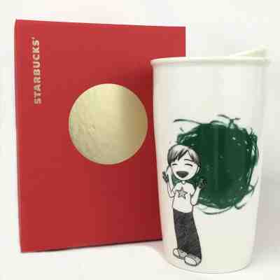 Starbucks Travel Tumbler Boy Finger Painting 12oz Ceramic 2015 Dot Collection - Sold on eBay Sep, 25th 2018 for $14.95