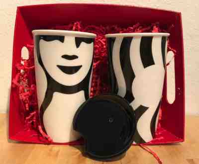 2- 2015 Starbucks Supergraphic Double Wall Ceramic Traveler Tumbler Mugs 12 oz - Sold on eBay Sep, 20th 2018 for $34.88