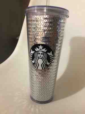 2017 Starbucks Venti Cold Cup Silver Sequin 24 oz Travel Tumbler with Straw - Sold on eBay Oct, 10th 2018 for $10.00