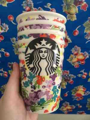New Starbucks 2017 Ceramic Traveler Mug Tumbler Floral Spring White Stripe 10 oz - Sold on eBay Oct, 9th 2018 for $12.00