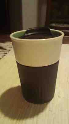  Starbucks Coffee 2012 Blk Rubber Ribbed Grip Bone China Tumbler Travel Mug Cup - Sold on eBay Sep, 9th 2018 for $21.99